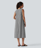 Robe débardeur midi décontractée en vichy froissé, col rond, sans manches, à poches
