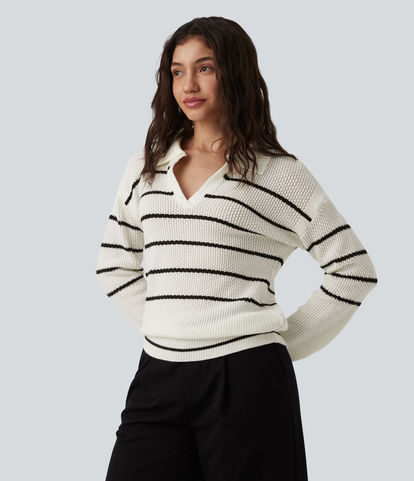 Pull casual col V manches longues à rayures