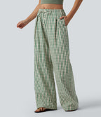 Pantalon large décontracté à carreaux taille mi-haute avec cordon de serrage et poches