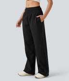 Pantalon large fluide polaire color block double ceinture gainant taille haute avec poches