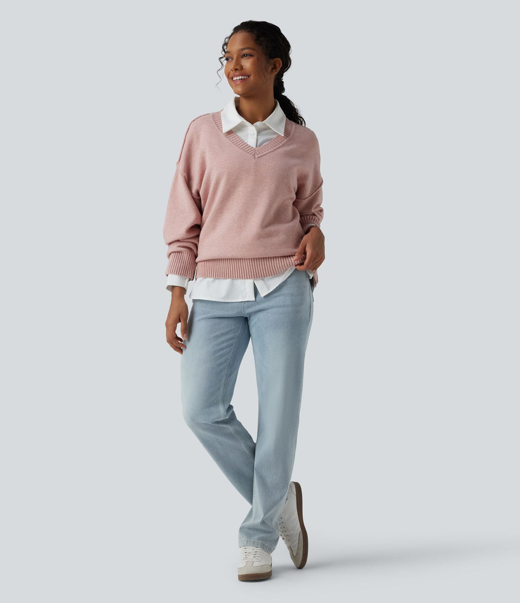 Pull décontracté col V à manches longues et épaules tombantes