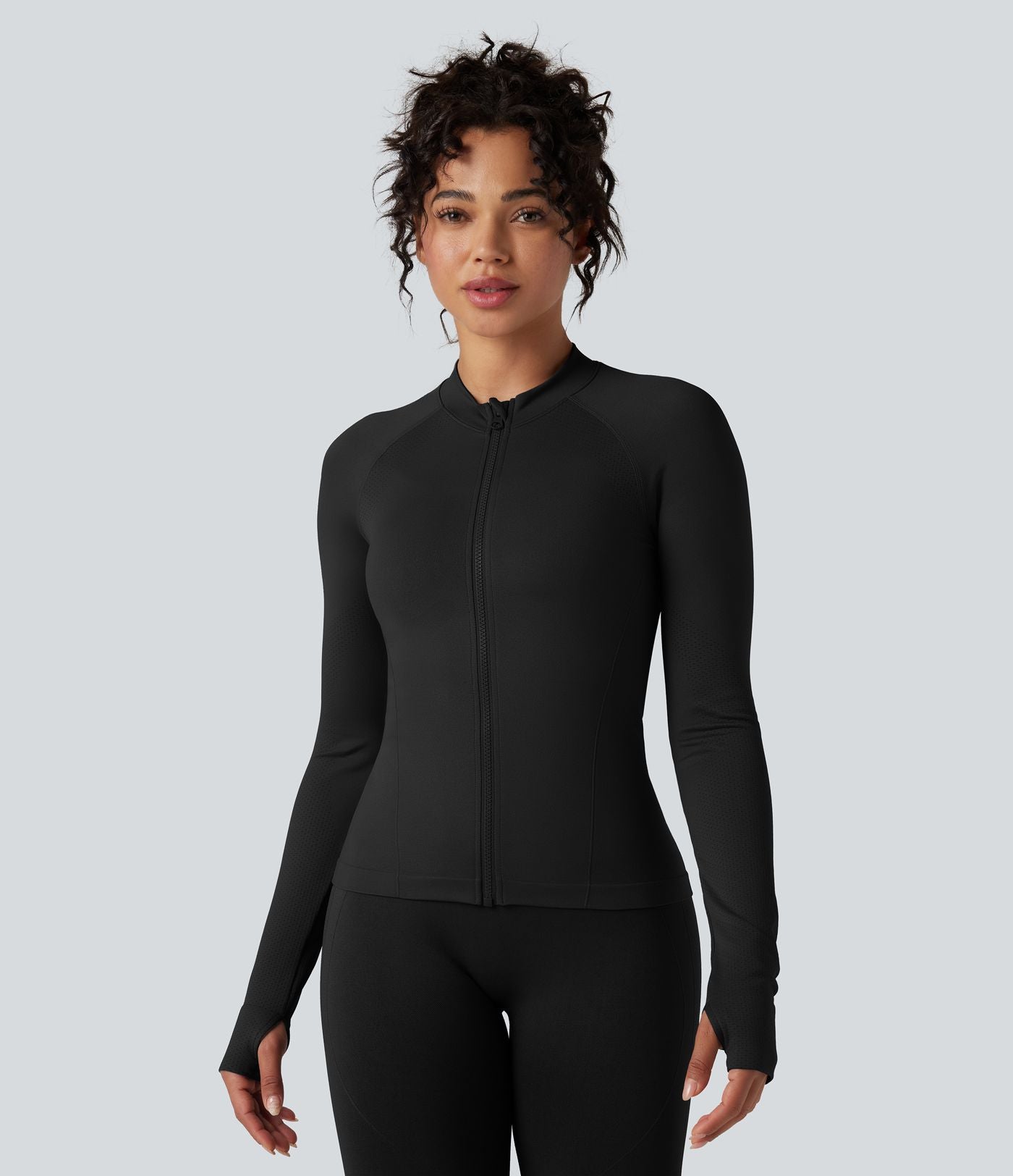 Veste de yoga Seamless Flow à fermeture éclair, manches longues et trous pour les pouces