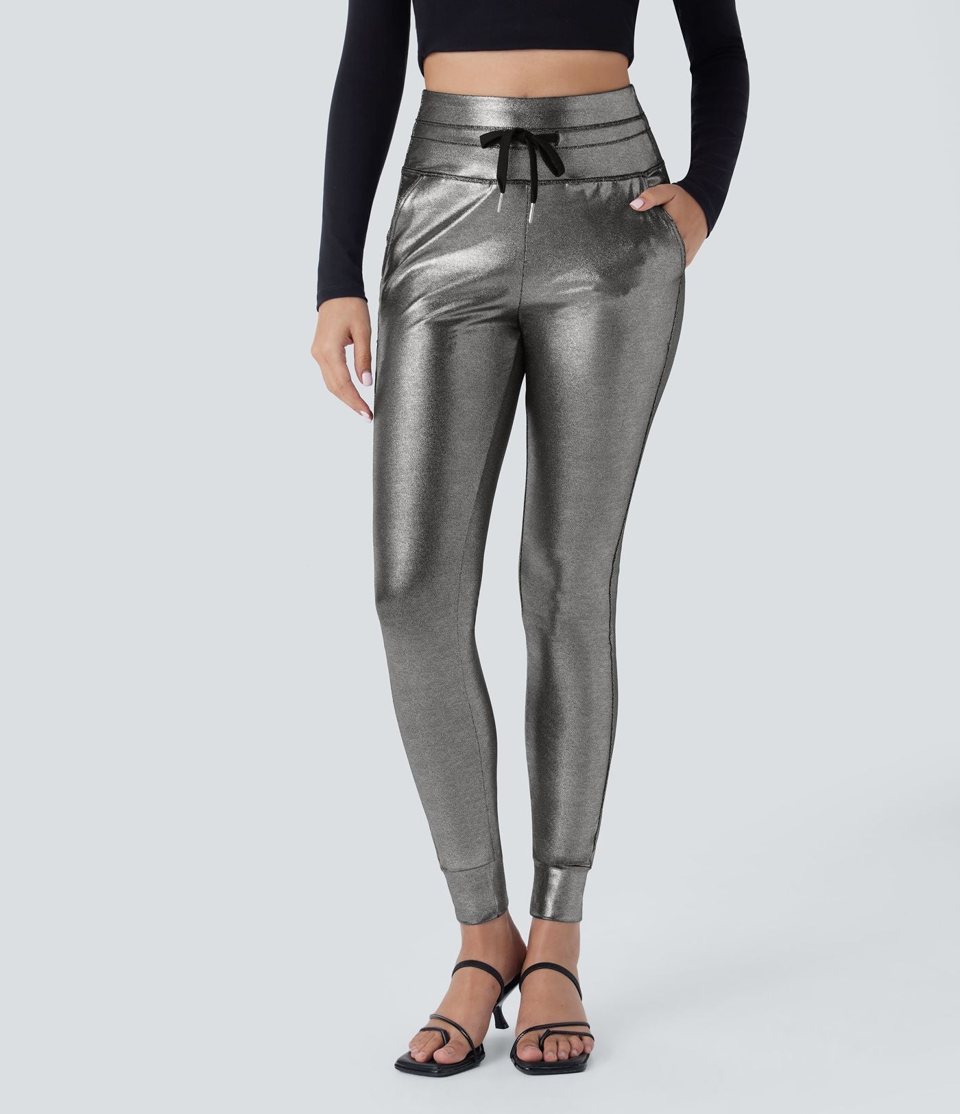 Jogging en simili SoftlyZero™ taille haute, effet sparkle métallisé, extensible avec poches