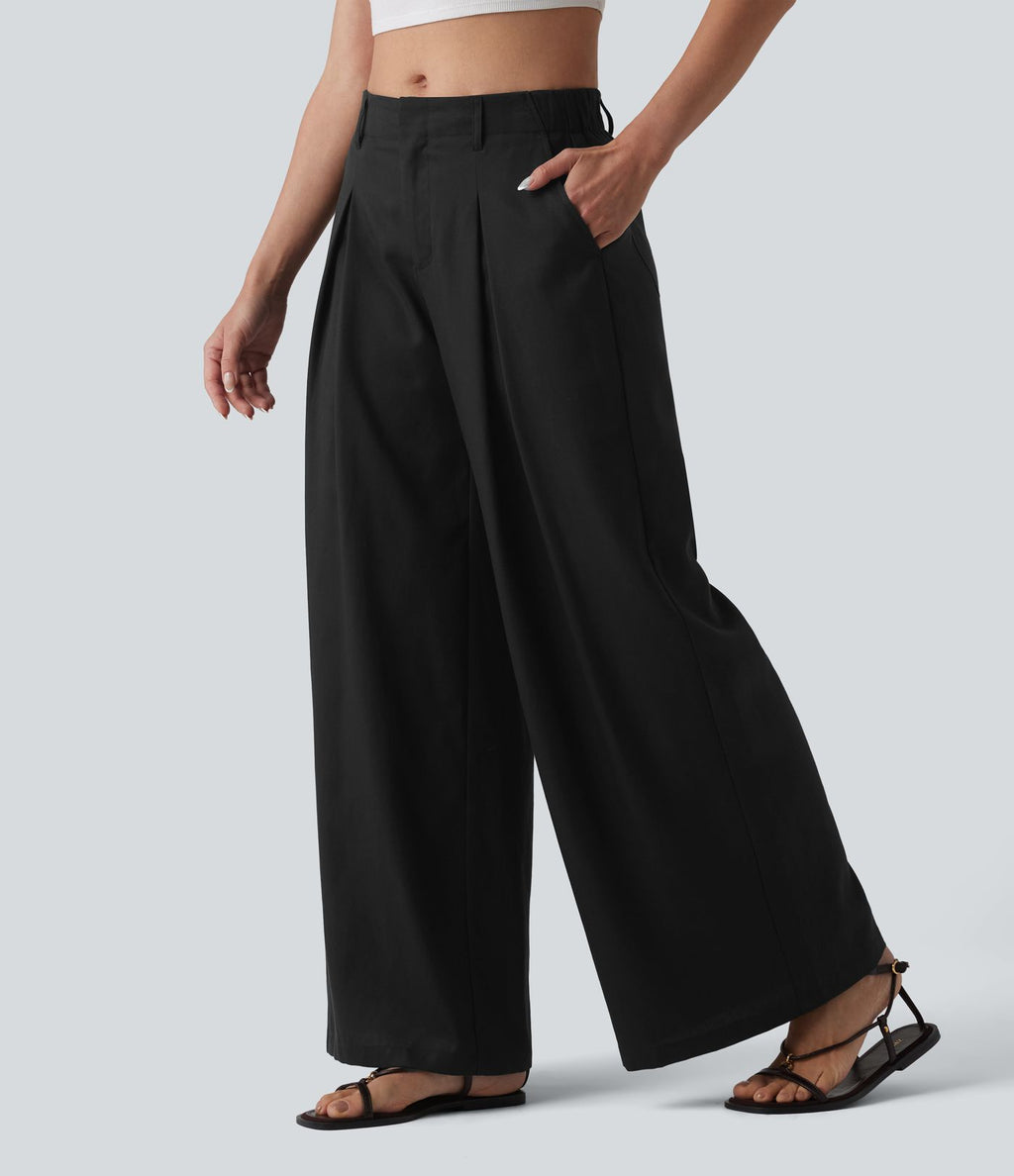 Pantalon ample décontracté en lyocell et lin mélangé, taille mi-haute, plissé, avec poches