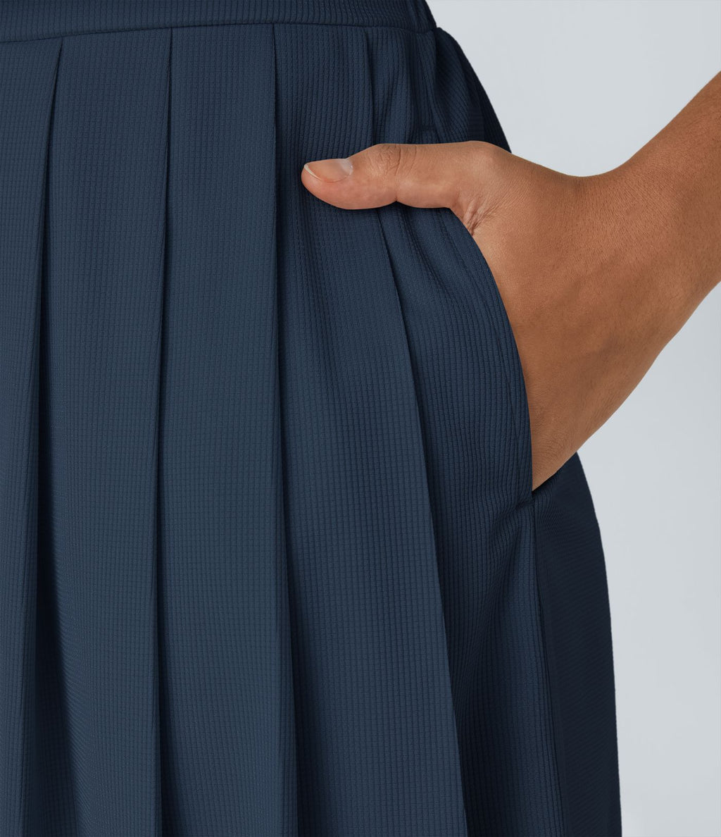 Combishort Fluide Col en V Plissée Manches Courtes Poche Latérale Gaufrée