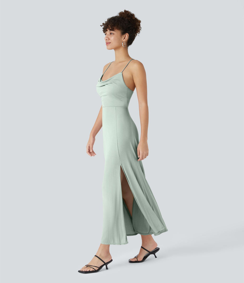 Robe Soirée Midi Encolure Côtelée Dos Nu Lacets Croisés Fendue