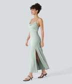 Robe Soirée Midi Encolure Côtelée Dos Nu Lacets Croisés Fendue