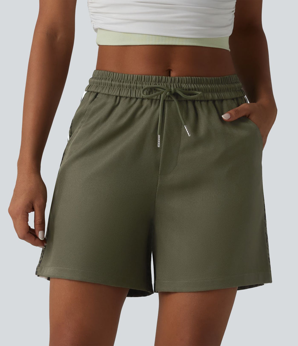 Short ample décontracté à taille mi-haute, cordon de serrage, rayures color block, imprimé léopard contrastant, 12,5 cm, avec poches