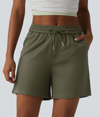 Short ample décontracté à taille mi-haute, cordon de serrage, rayures color block, imprimé léopard contrastant, 12,5 cm, avec poches