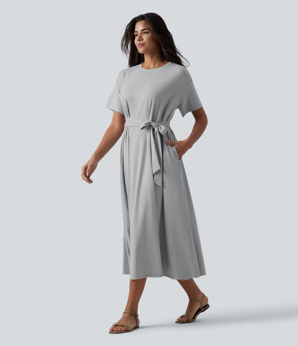 Robe T-shirt casual midi fluide col rond manches courtes avec ceinture et poches