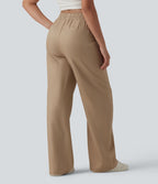 Pantalon large fluide décontracté en lin mélangé taille haute avec cordon de serrage et poches
