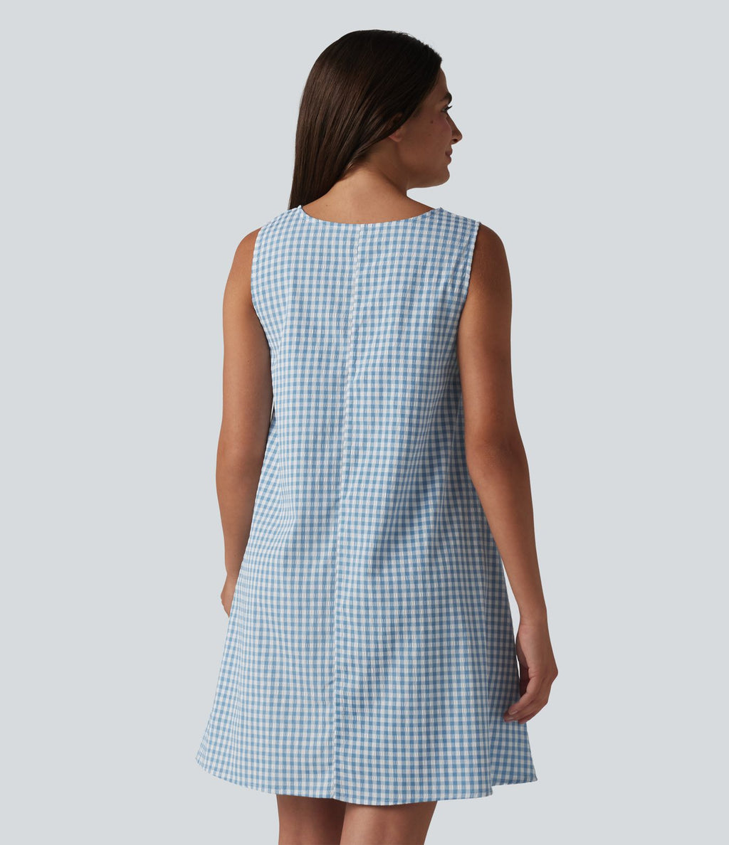 Robe débardeur mini décontractée col rond sans manches en vichy froissé avec poches