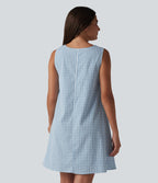 Robe débardeur mini décontractée col rond sans manches en vichy froissé avec poches