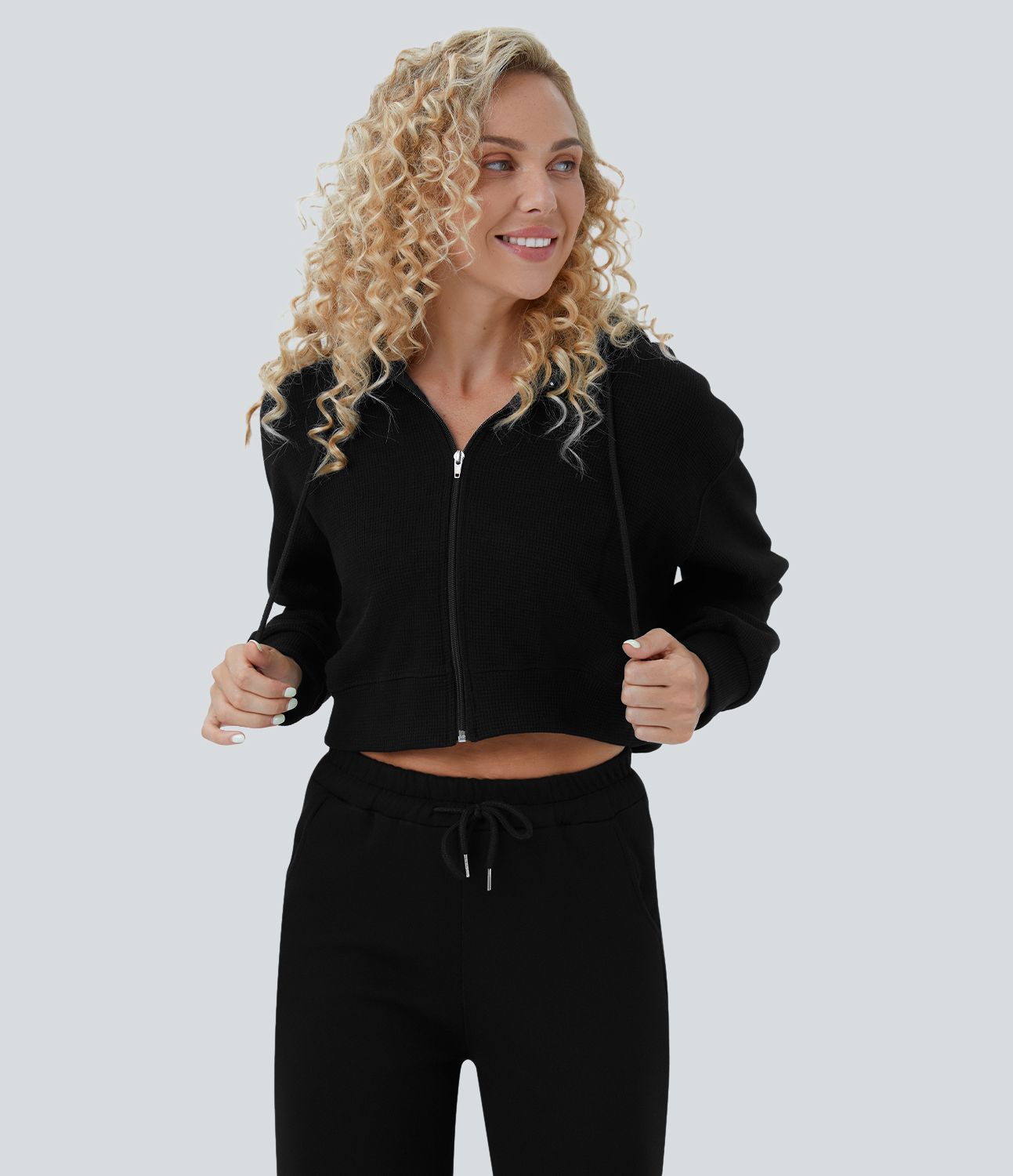Sweatshirt en Coton Casual à Manches Longues avec Cordon de Serrage et Zipper Style Waffle