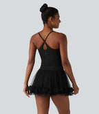 Robe mini de sport 2 en 1 avec brassière intégrée en maille contrastée avec poches - Édition Easy Peasy