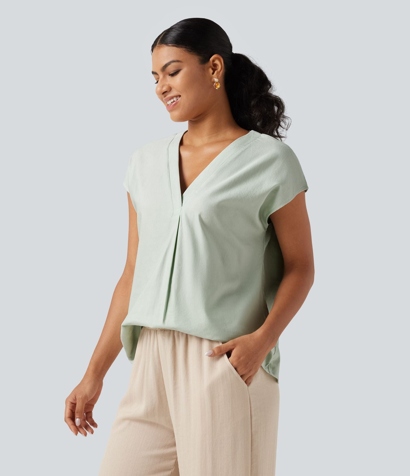 Blouse décontractée col V à mancherons en coton et lin