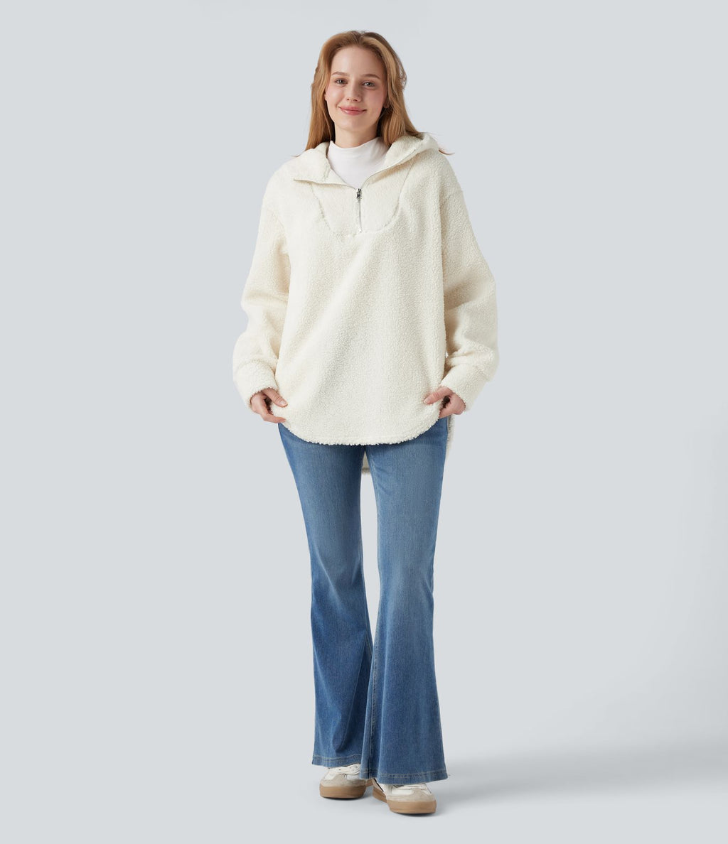 Sweat-shirt sherpa oversize à capuche et demi-zip avec ourlet arrondi et poches
