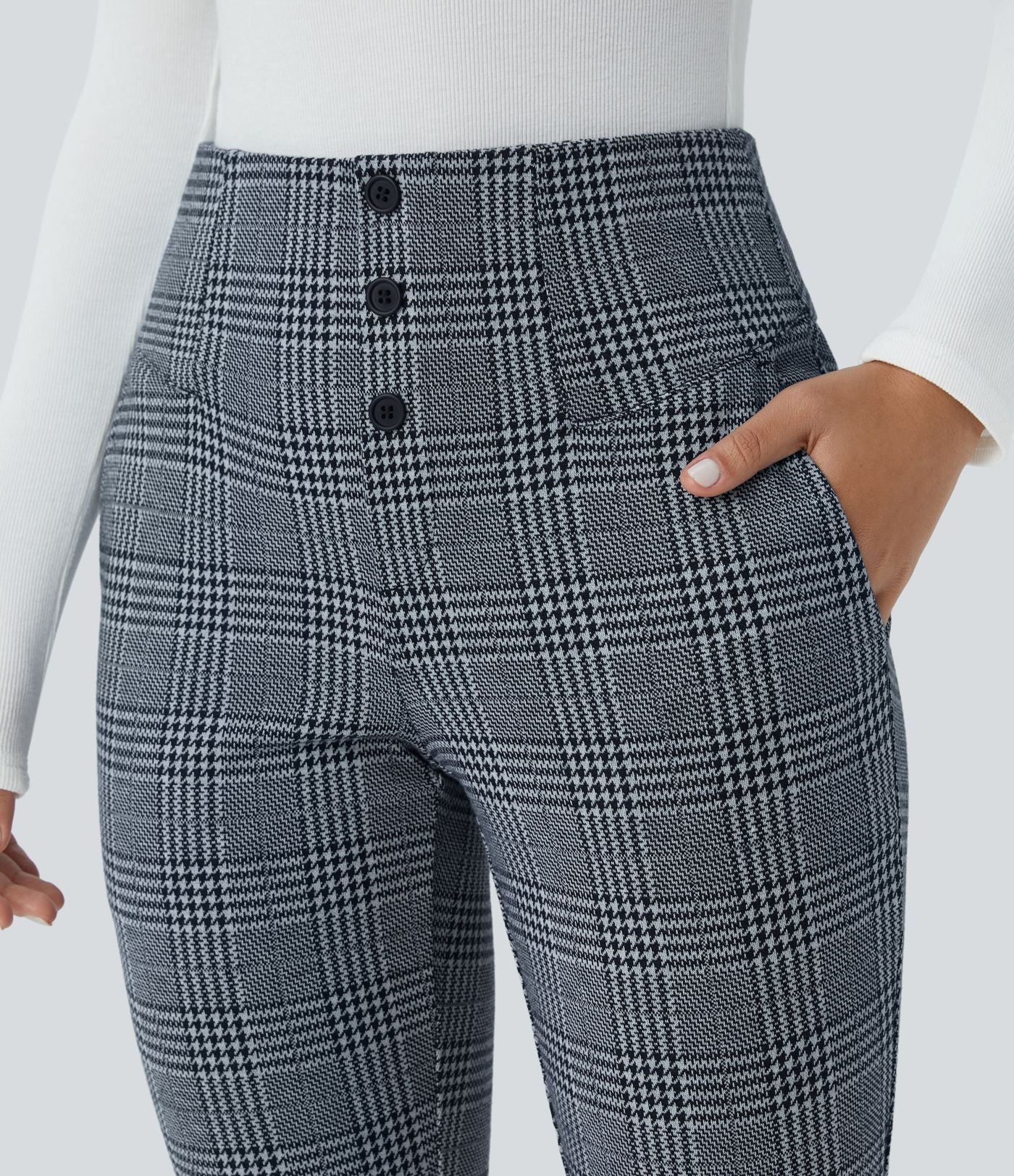 Halara Flex™ Pantalon tailleur Cintrés à Taille Haute avec Boutons Décoratifs Poches Latérales et Imprimé Pied-de-Poule