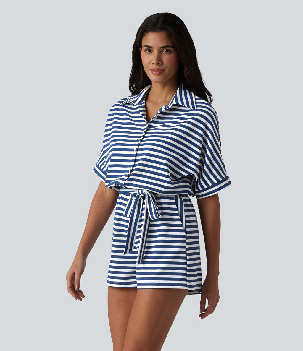 Combinaison-short casual en tissu gaufré rayé à manches mi-longues avec ceinture et poches — Easy Peasy
