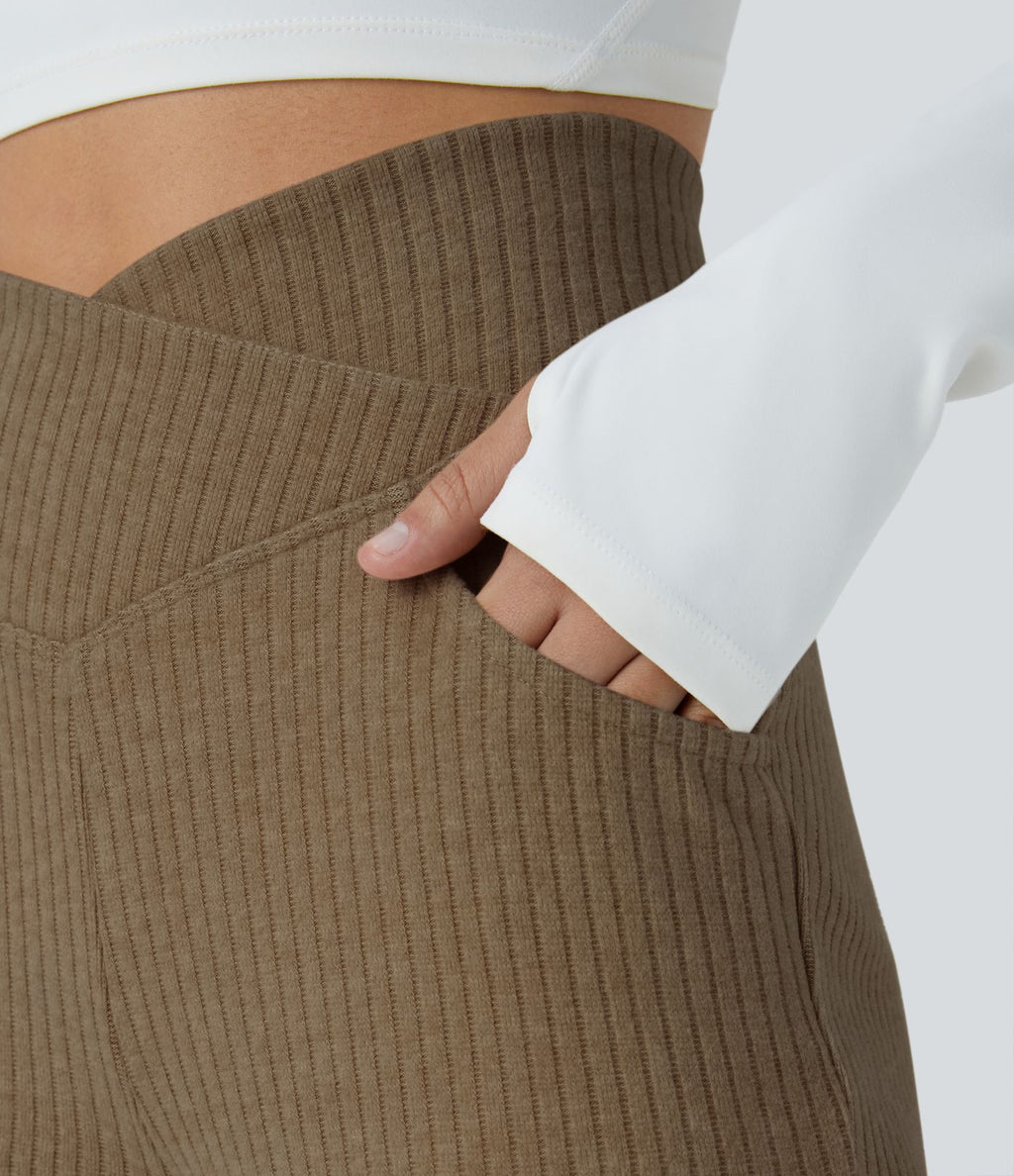 Pantalon Taille Haute Casual Évasés en Tricot Côtelé avec Poches Latérales et Croisé