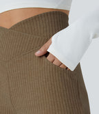 Pantalon Taille Haute Casual Évasés en Tricot Côtelé avec Poches Latérales et Croisé