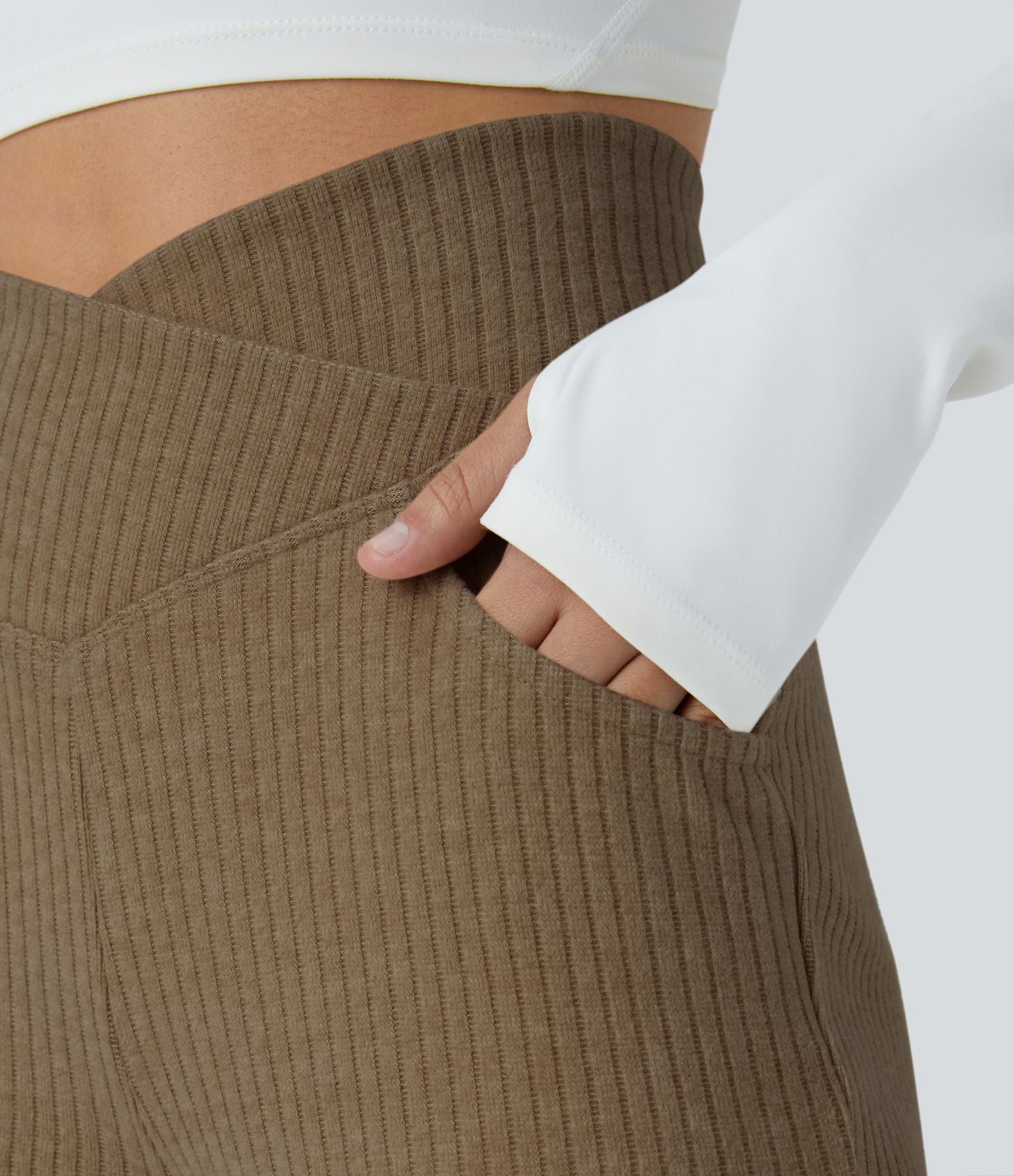 Pantalon Taille Haute Casual Évasés en Tricot Côtelé avec Poches Latérales et Croisé