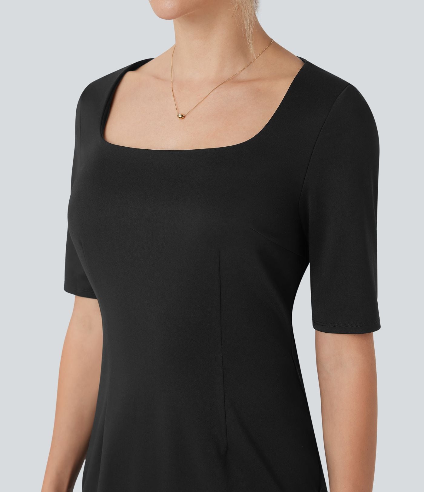 Robe crayon de travail ajustée décolleté carré à demi-manches