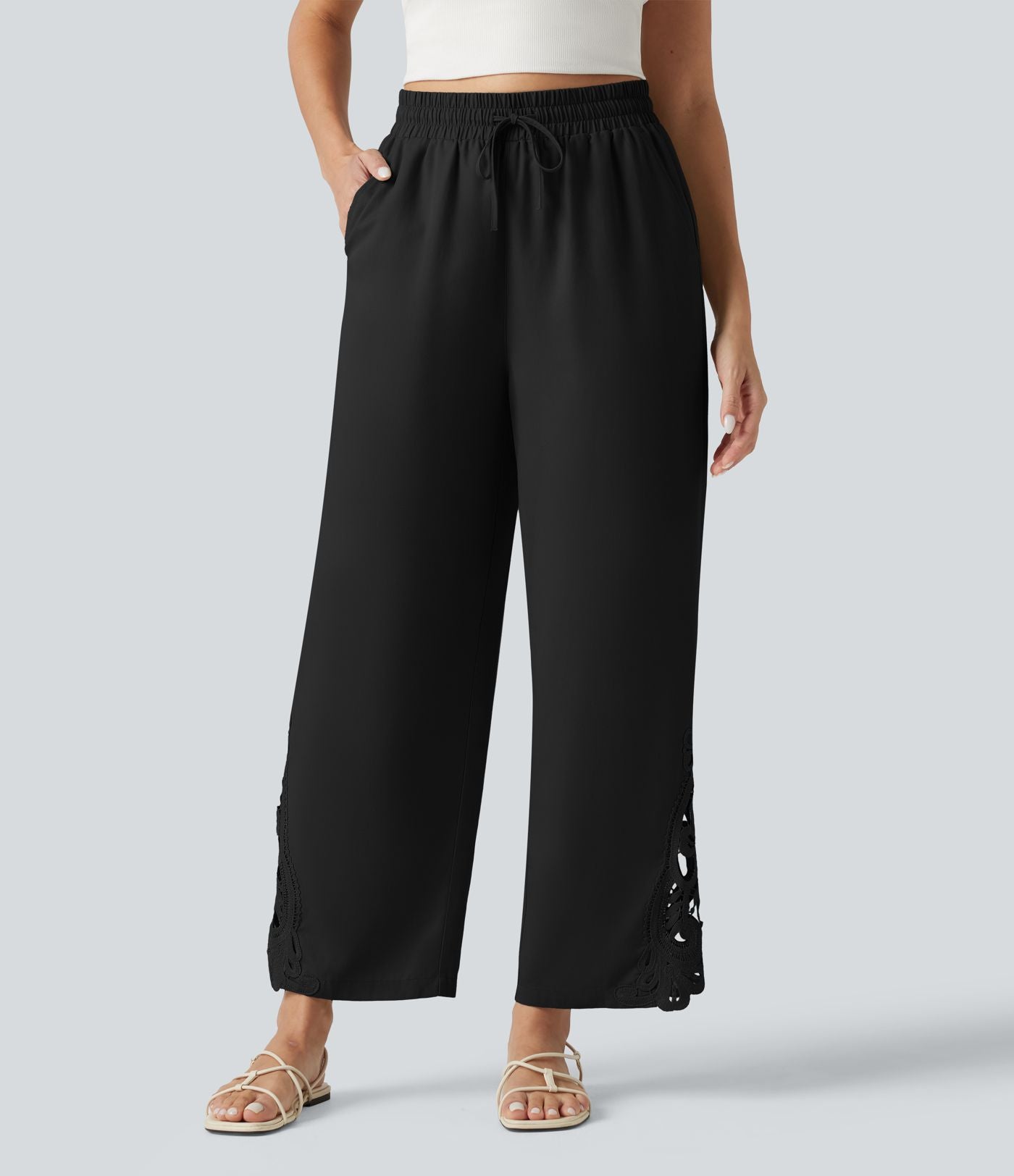 Pantalon large fluide décontracté taille haute à cordon de serrage en lyocell mélangé lin avec poches