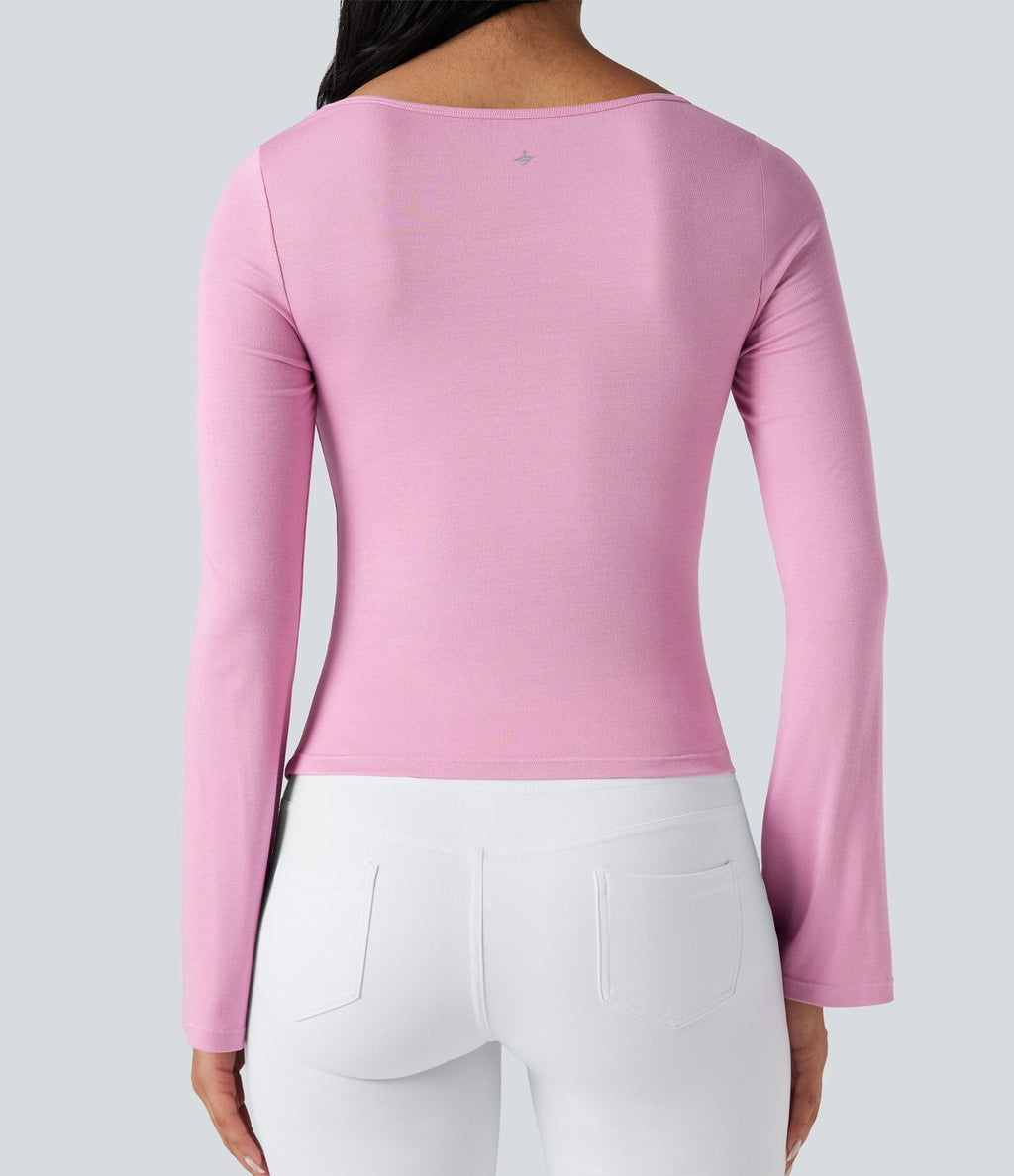 Top de sport danse côtelé col bénitier manches longues