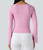 Top de sport danse côtelé col bénitier manches longues
