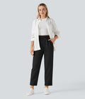 Pantalon décontracté fuselé effet lin taille haute infroissable avec cordon et poches