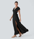 Robe longue de soirée col V, manches courtes, dos croisé à nouer, fendue avec poche latérale