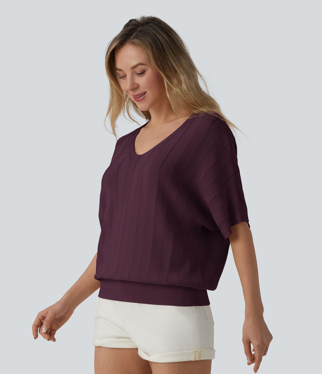 Pull décontracté col V manches courtes