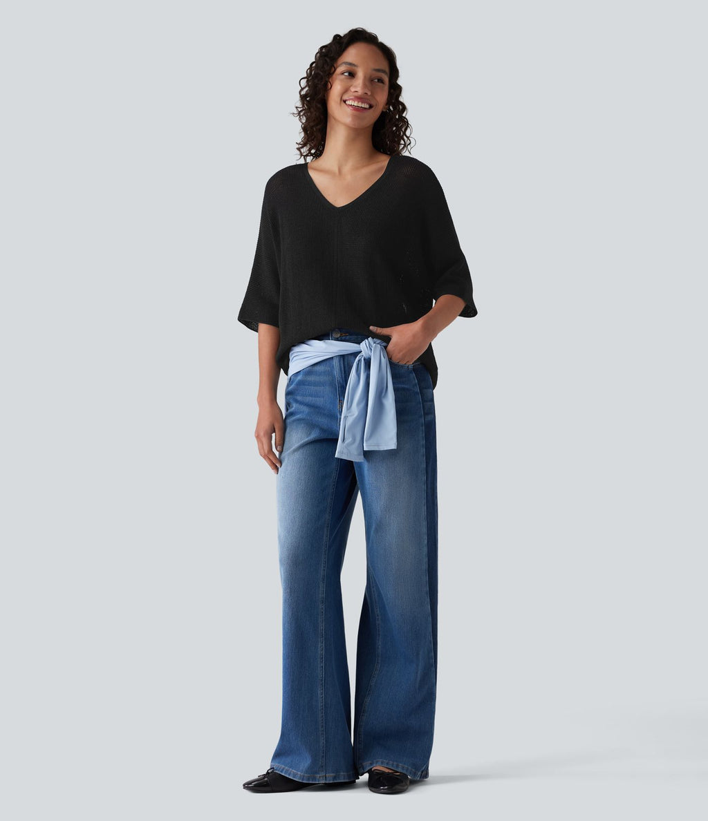 Pull décontracté col V à manches mi-longues