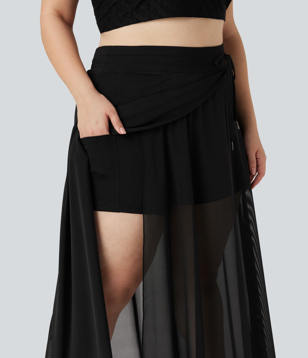 Jupe longue fluide grande taille 2-en-1 mesh contrastant taille haute avec cordon de serrage et poches