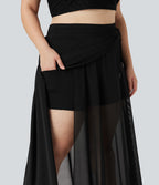Jupe longue fluide grande taille 2-en-1 mesh contrastant taille haute avec cordon de serrage et poches