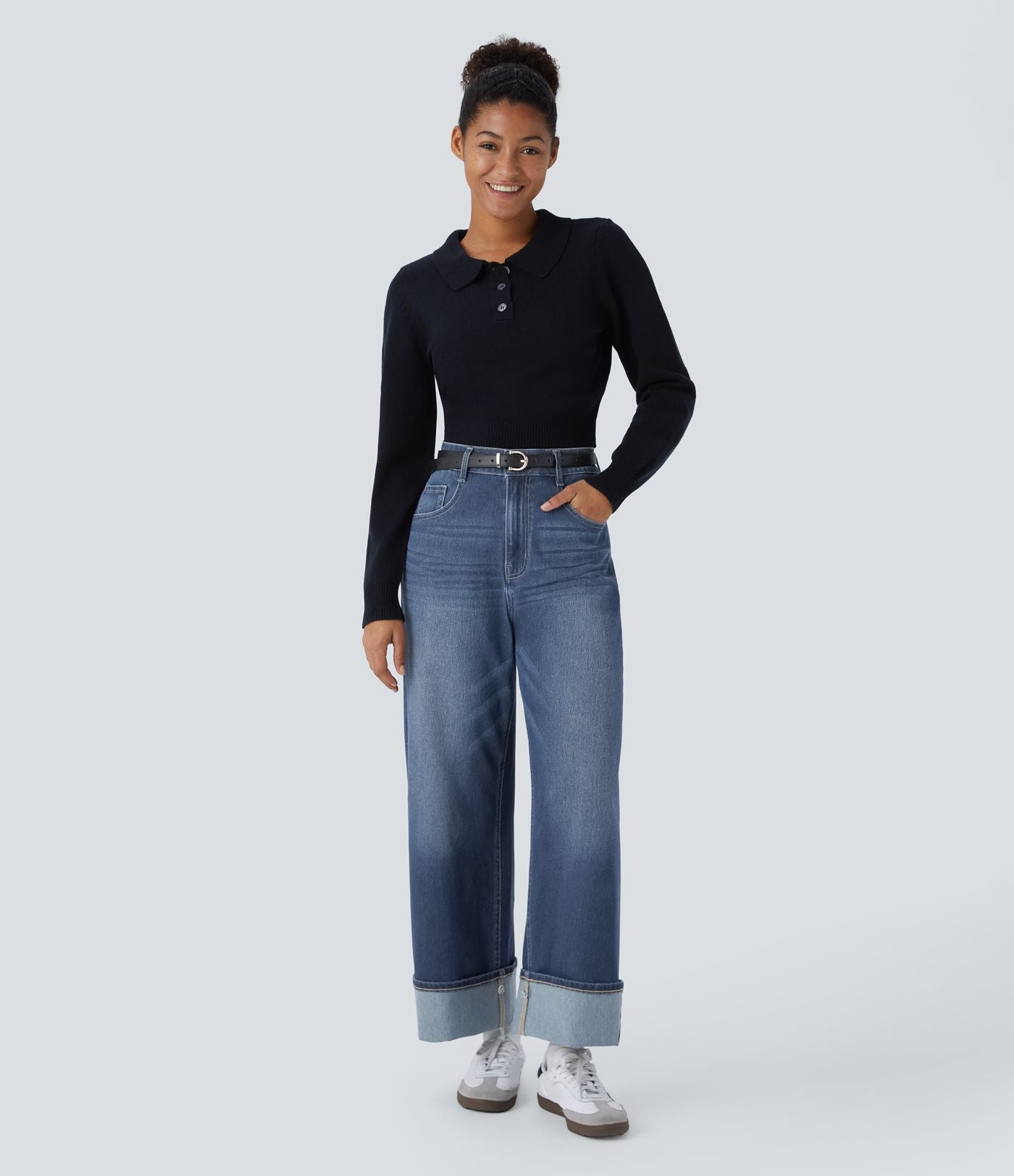 Jean décontracté Halara Flex™ taille haute jambes larges avec poches multiples et ourlet ajustable, en maille extensible effet délavé