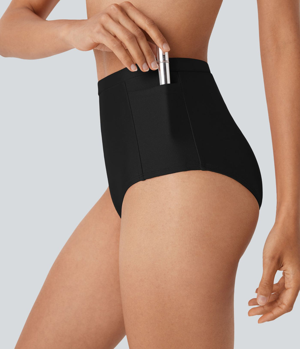 Bas de bikini brillant taille haute gainant avec poches