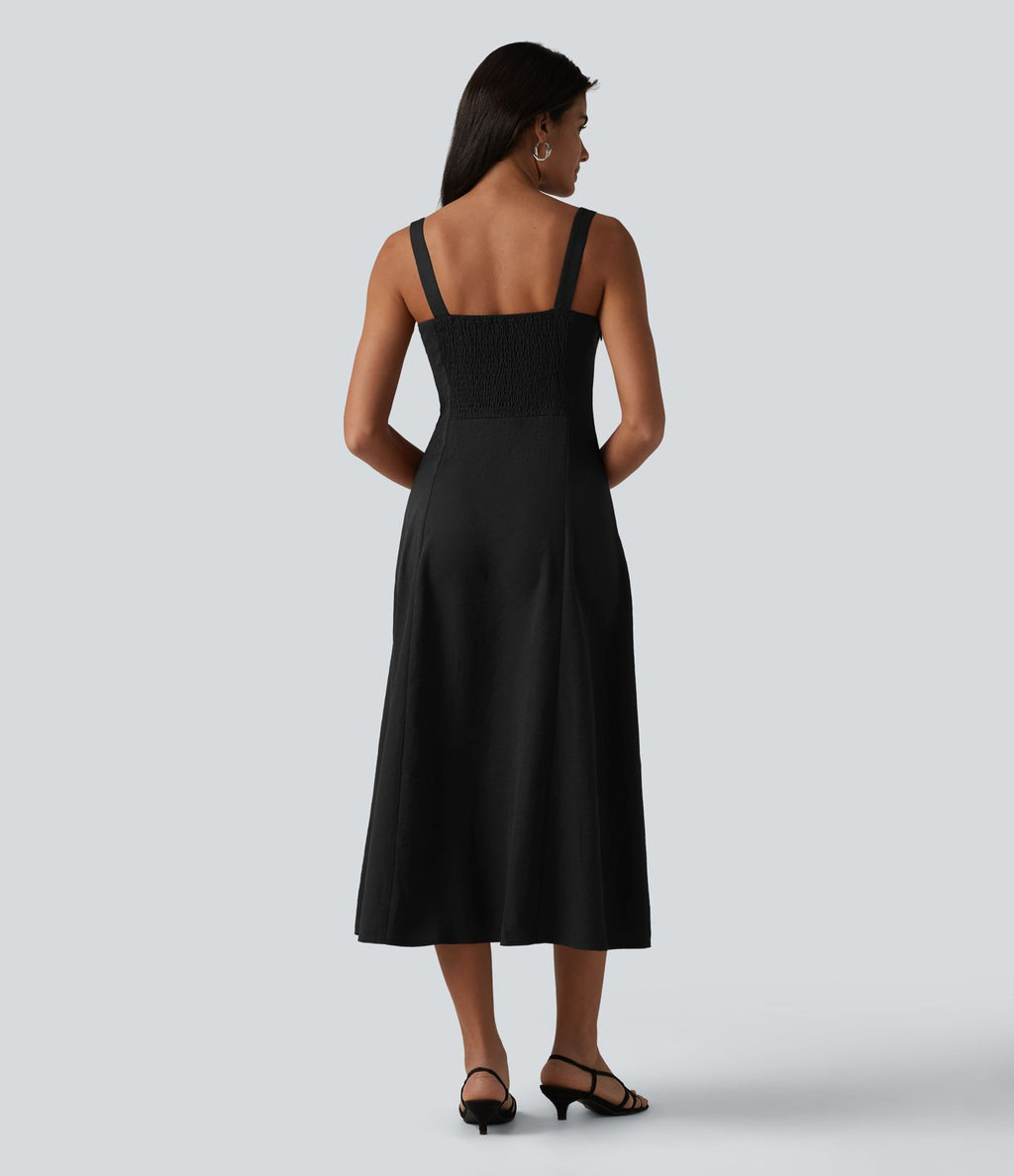 Robe mi-longue fluide froncée à col carré et encolure échancrée pour demoiselle d'honneur et invitée de mariage