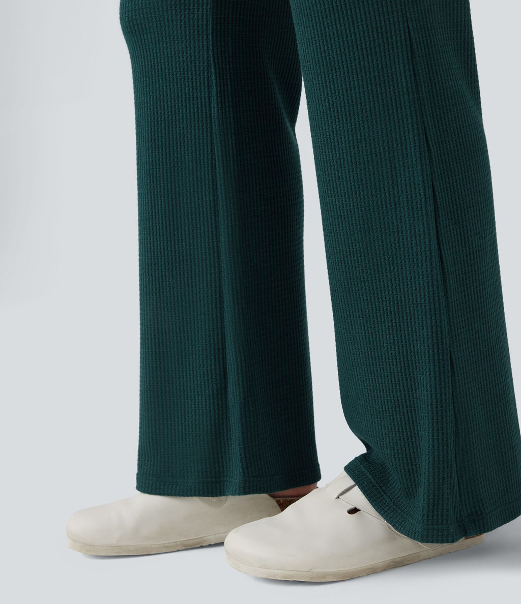 Pantalon décontracté évasé maille gaufrée taille haute avec poches