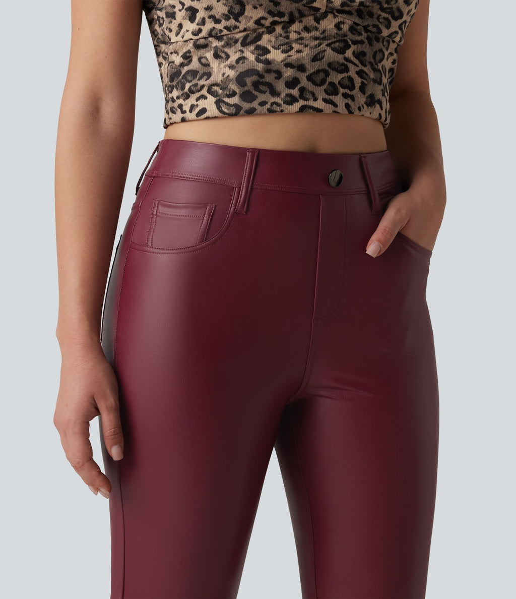 Pantalon casual bootcut taille haute en PU extensible avec poches