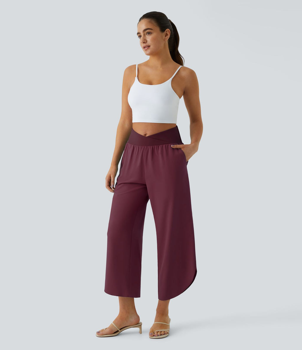Breezeful™ Pantalon Fluide Vacances Séchage Rapide Taille Haute Croisée Poches Latérales Plissées Fente