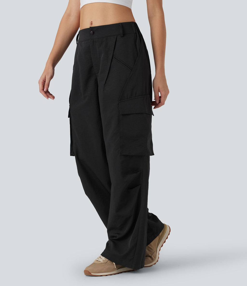 Pantalon cargo décontracté à taille moyenne, jambes larges, boutons, fermeture éclair et poches latérales