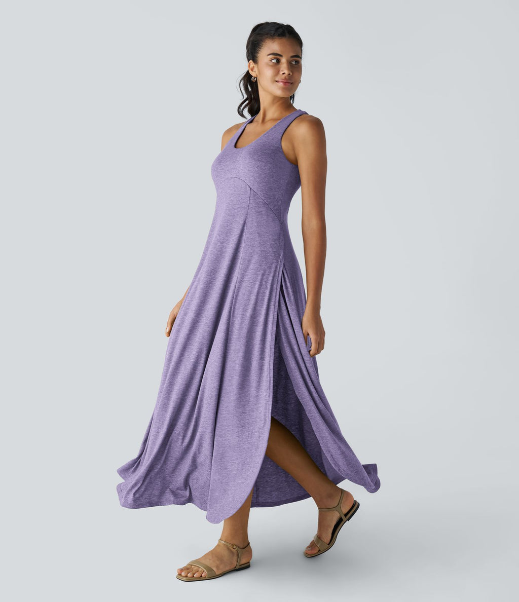 Robe Casual Débardeur Longue Fluide Fendue Dos Nu à Col en U