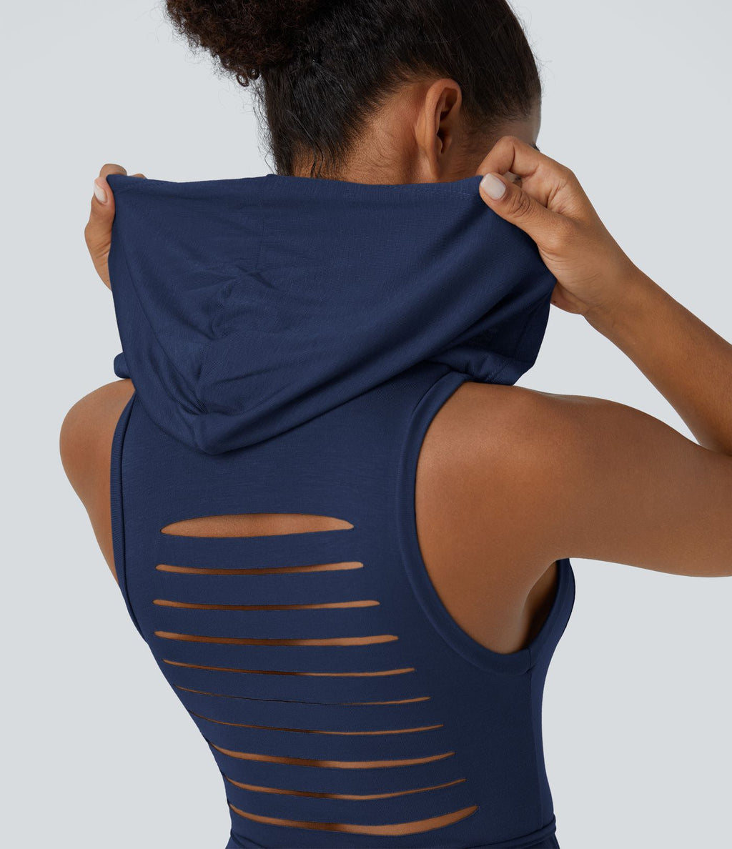 Robe Casual Midi 2 Pièces Capuche Col Montant Sans Manches Fendue avec Découpe Dos Nœud Côtelée