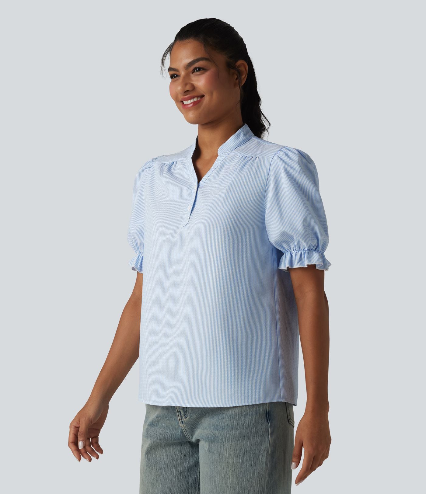 Chemise casual à rayures manches courtes bouffantes