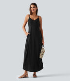 Robe longue décontractée col V style nuisette avec fente et poches