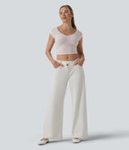 T-shirt casual court col cœur manches courtes en dentelle