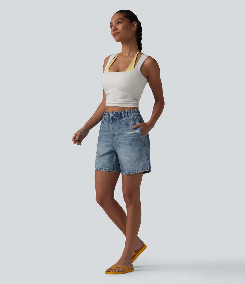 Short casual en molleton imprimé denim taille mi-haute 12,5 cm avec poches