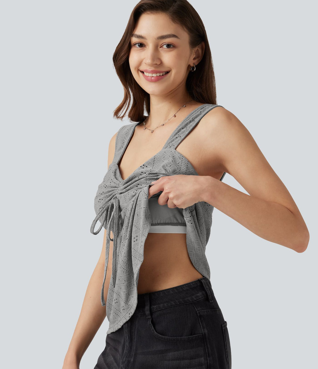 Débardeur décontracté froncé avec cordon de serrage, broderie anglaise et soutien-gorge intégré